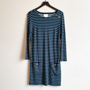 Sail to Sable Blue Green Striped Gold Button Detail Long Sleeve Shift Dress Sml